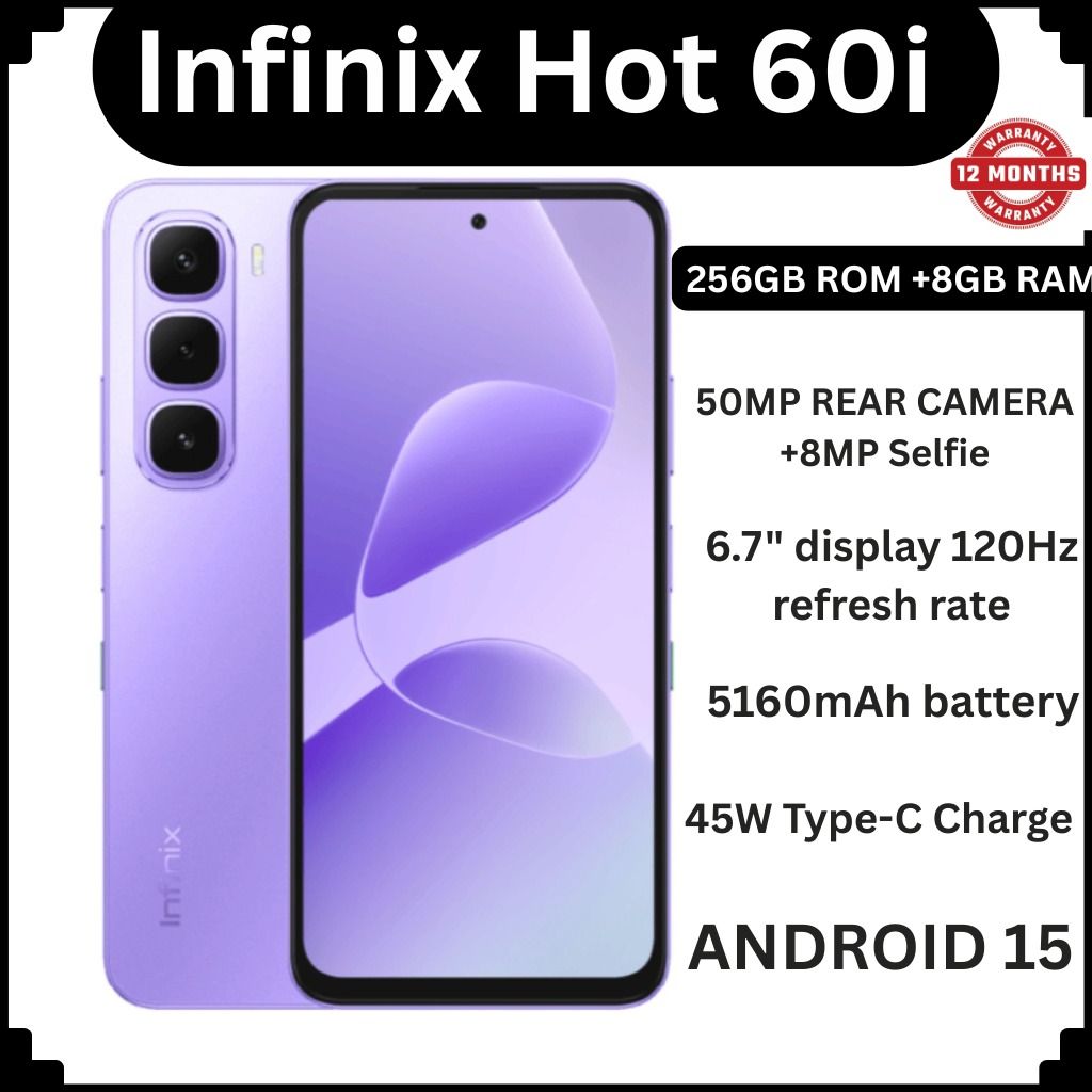 (NEW ARRIVALS!!)Infinix Hot 60i 256GB+8GB 6.7" 120Hz Screen 4G Phone Dual SIM 5160mAh Battery 45W Charging 50MP Camera Fingerprint Lock Android 15 G81 Smart AI smart Phones