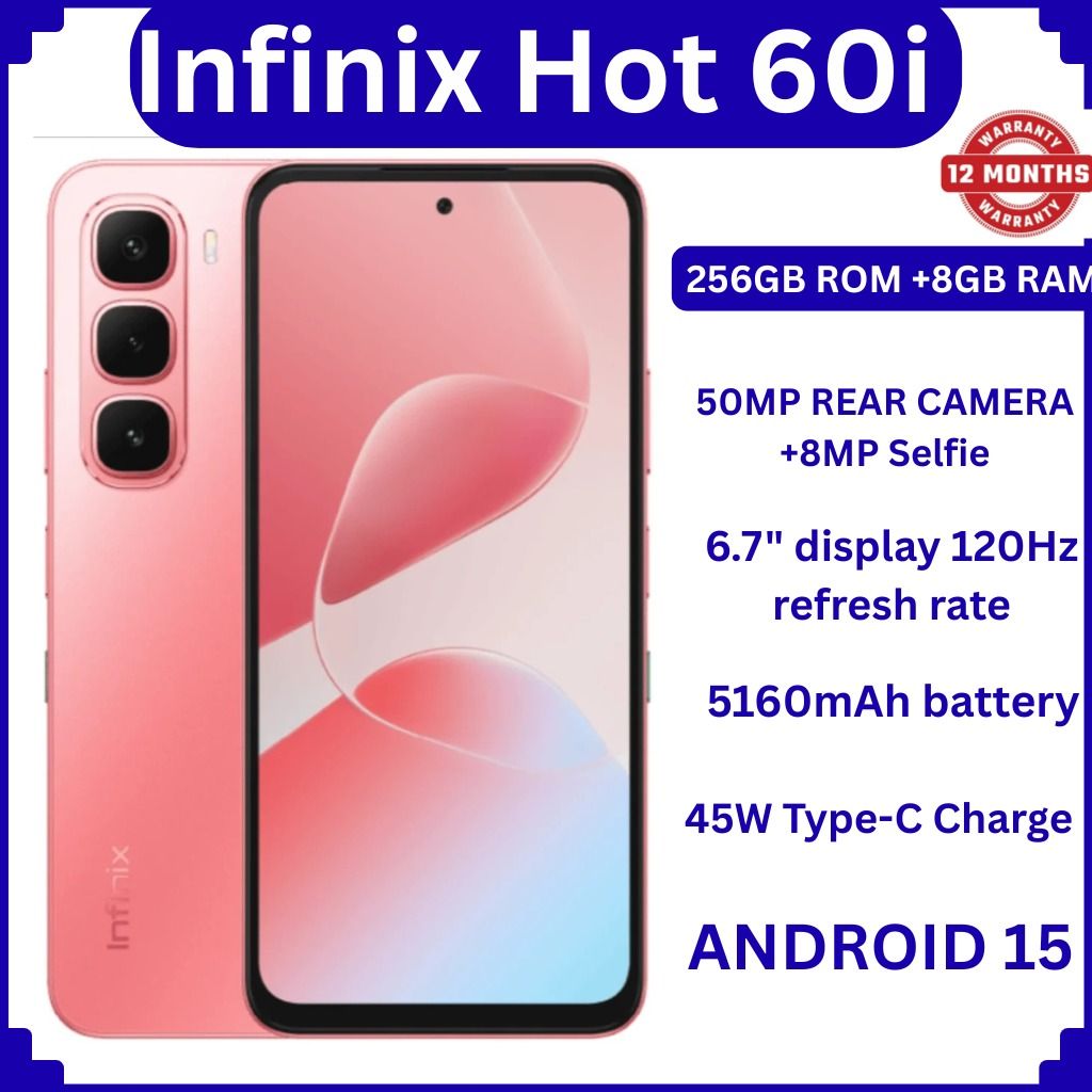 (NEW ARRIVALS!!)Infinix Hot 60i 256GB+8GB 6.7" 120Hz Screen 4G Phone Dual SIM 5160mAh Battery 45W Charging 50MP Camera Fingerprint Lock Android 15 G81 Smart AI smart Phones