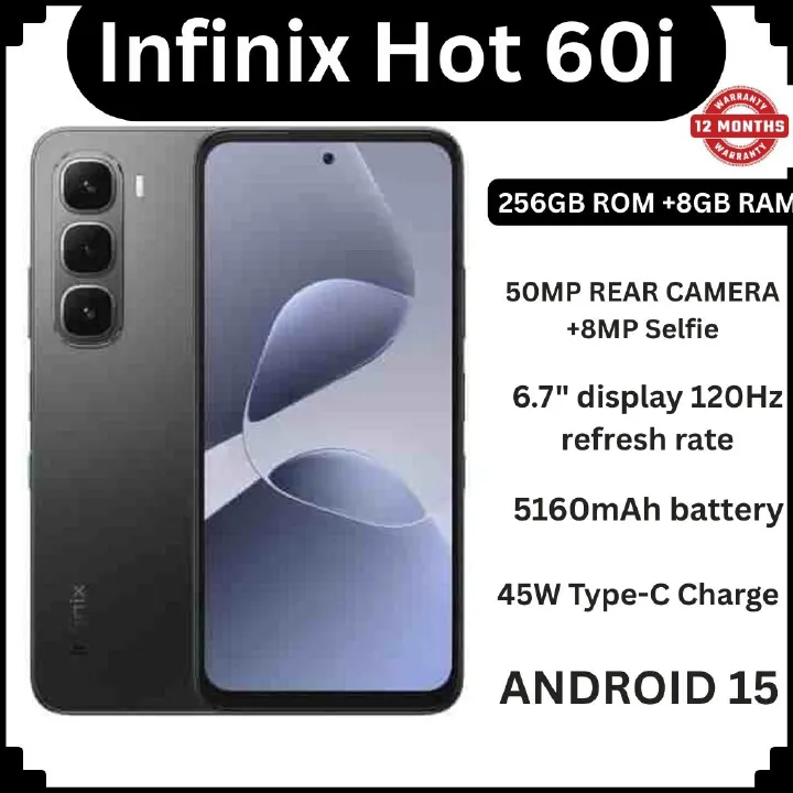 Infinix Hot 60i 256GB+8GB 6.7" 120Hz Screen 4G Phone Dual SIM 5160mAh Battery 45W Charging 50MP Camera Fingerprint Lock Android 15 G81 Smart AI smart Phones