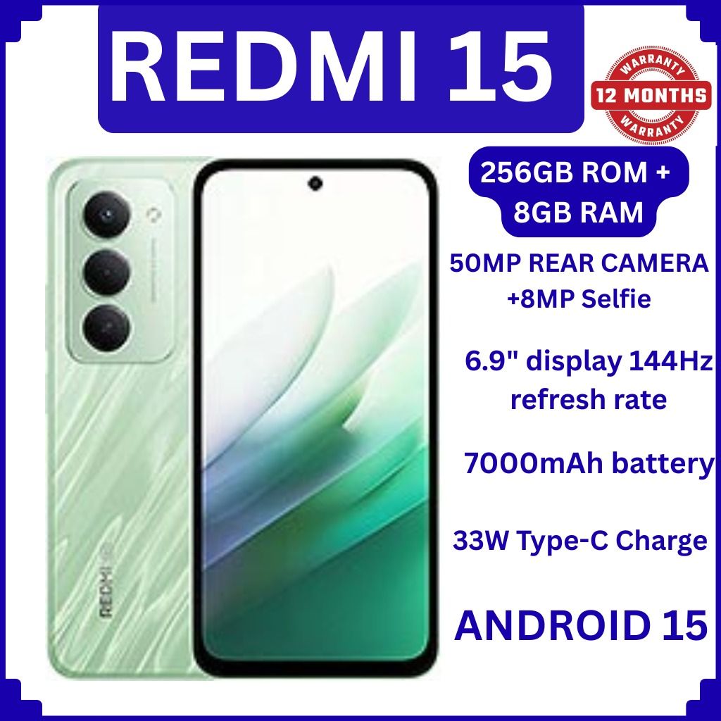 [NEW ARRIVAL!!] Redmi 15 4G 6.9" 128GB ROM +6GB RAM 7000mAh 33W charger ip64 50MP +8 MP Octa-core Qualcomm SM6225 Snapdragon 685 (6 nm) IPS LCD, 144Hz Android 15 Fingerprint (side-mounted) SMARTPHONE