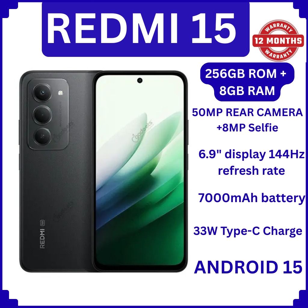 [NEW ARRIVAL!!] Redmi 15 4G 6.9" 128GB ROM +6GB RAM 7000mAh 33W charger ip64 50MP +8 MP Octa-core Qualcomm SM6225 Snapdragon 685 (6 nm) IPS LCD, 144Hz Android 15 Fingerprint (side-mounted) SMARTPHONE