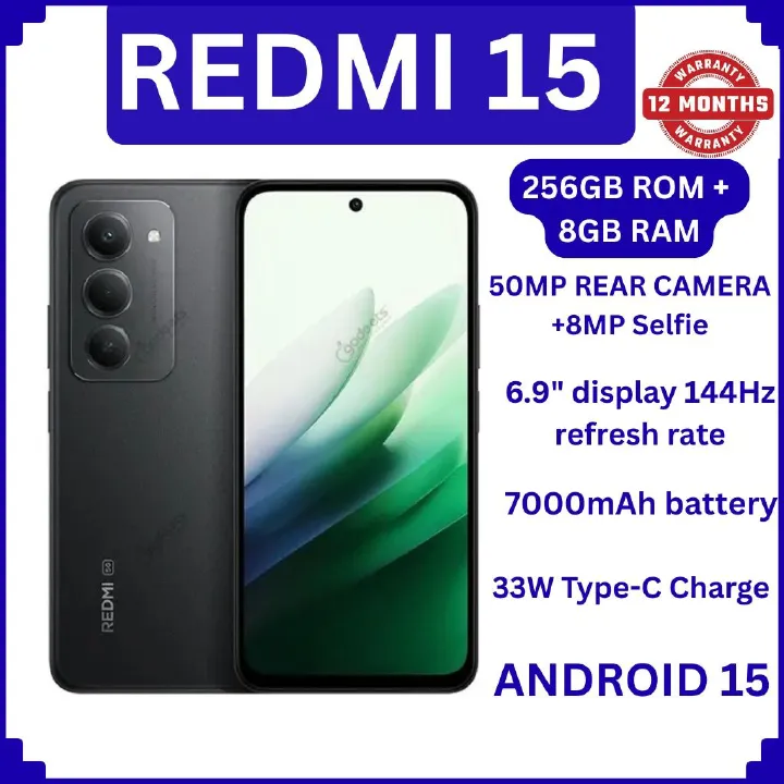 [NEW ARRIVAL!!] Redmi 15 4G 6.9" 128GB ROM +6GB RAM 7000mAh 33W charger ip64 50MP +8 MP Octa-core Qualcomm SM6225 Snapdragon 685 (6 nm) IPS LCD, 144Hz Android 15 Fingerprint (side-mounted) SMARTPHONE