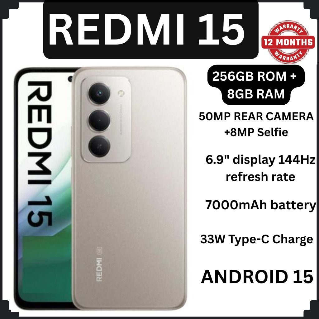 [NEW ARRIVAL!!] Redmi 15 4G 6.9" 128GB ROM +6GB RAM 7000mAh 33W charger ip64 50MP +8 MP Octa-core Qualcomm SM6225 Snapdragon 685 (6 nm) IPS LCD, 144Hz Android 15 Fingerprint (side-mounted) SMARTPHONE