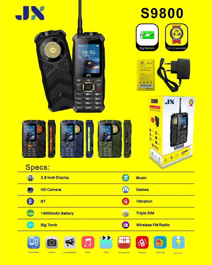 [NEW ARRIVALS!!]BRAND NEW JX S9800 TRIPLE SIM CARD PHONE 2.8 inch Display 14000mAh Buletooth Vibrator/Wireless FM/ MP3/MP4/Big Torch/ Auto callrecording/Power Bank Cell Feature Phone