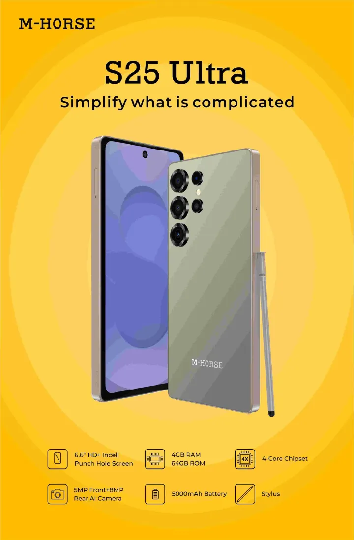 LATEST M-HORSE S25 Ultra 6.6'' HD + incell 128GB RAM + 8GB ROM 5MP Front camera +8MP Rear camera 5000mAh battery capacity with stylus pen side fingerprint UNLOCK Android 14 smartphone +FREE EARPODS
