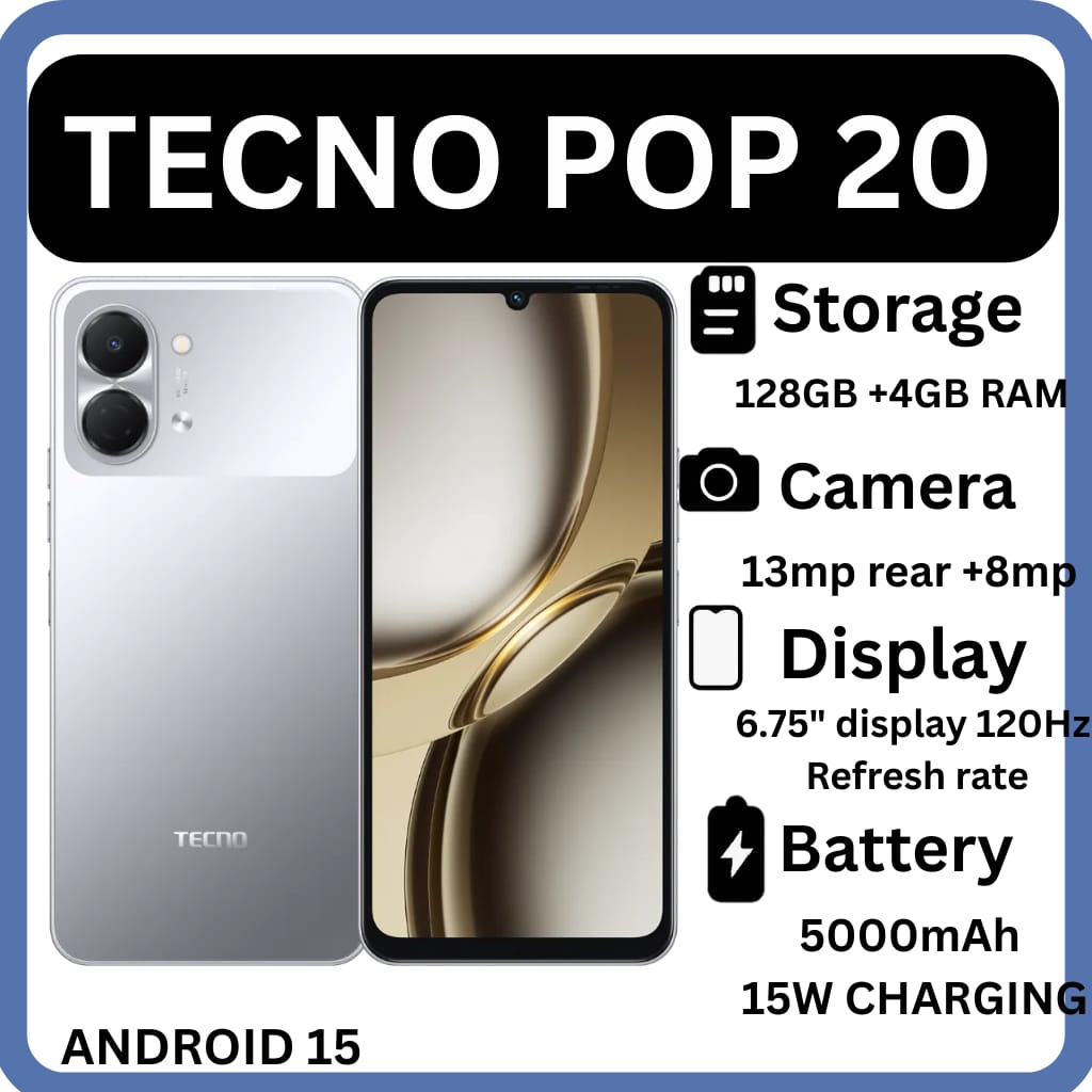 [NEW ARRIVAL!!!] Tecno Pop 20 128GB + 4GB 120Hz 6.75" Display IP64 Dust & Water Resistance 13MP Camera UNISOC T7250 Processor 5000mAh Long-lasting Battery 15W Fast Charging smartphone + FREE GIFTS