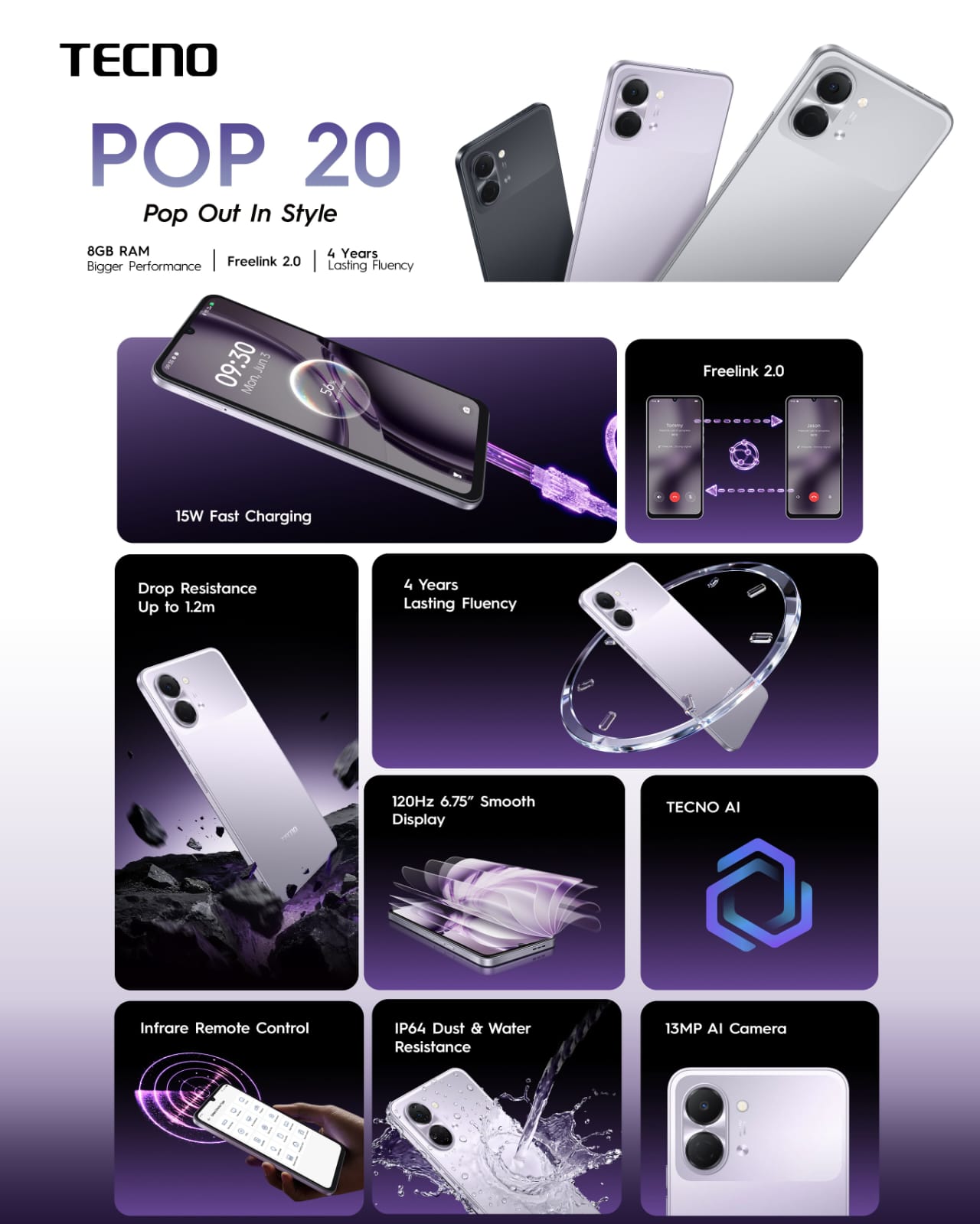 [NEW ARRIVAL!!!] Tecno Pop 20 128GB + 4GB 120Hz 6.75" Display IP64 Dust & Water Resistance 13MP Camera UNISOC T7250 Processor 5000mAh Long-lasting Battery 15W Fast Charging smartphone + FREE GIFTS