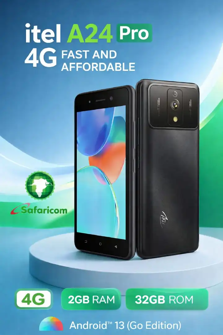 [NEW ARRIVAL!!!]Safaricom itel a24 pro, 32GB ROM, 4GB RAM (2+2), DUAL SIM, 4G/LTE, 5MP CAMERA DUAL FLASH, 5'' BIG SCREEN SIZE ANDROID 14 GO EDITION PHONE SMARTPHONE