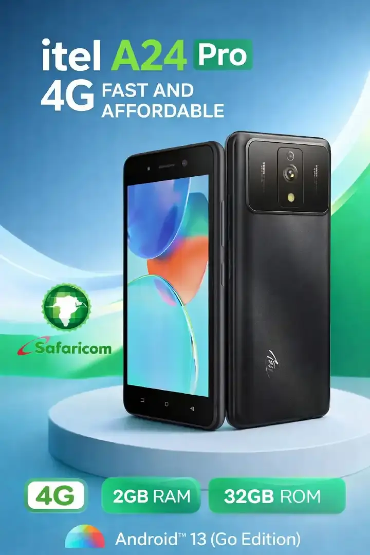[NEW ARRIVAL!!!]Safaricom itel a24 pro, 32GB ROM, 4GB RAM (2+2), DUAL SIM, 4G/LTE, 5MP CAMERA DUAL FLASH, 5'' BIG SCREEN SIZE ANDROID 14 GO EDITION PHONE SMARTPHONE