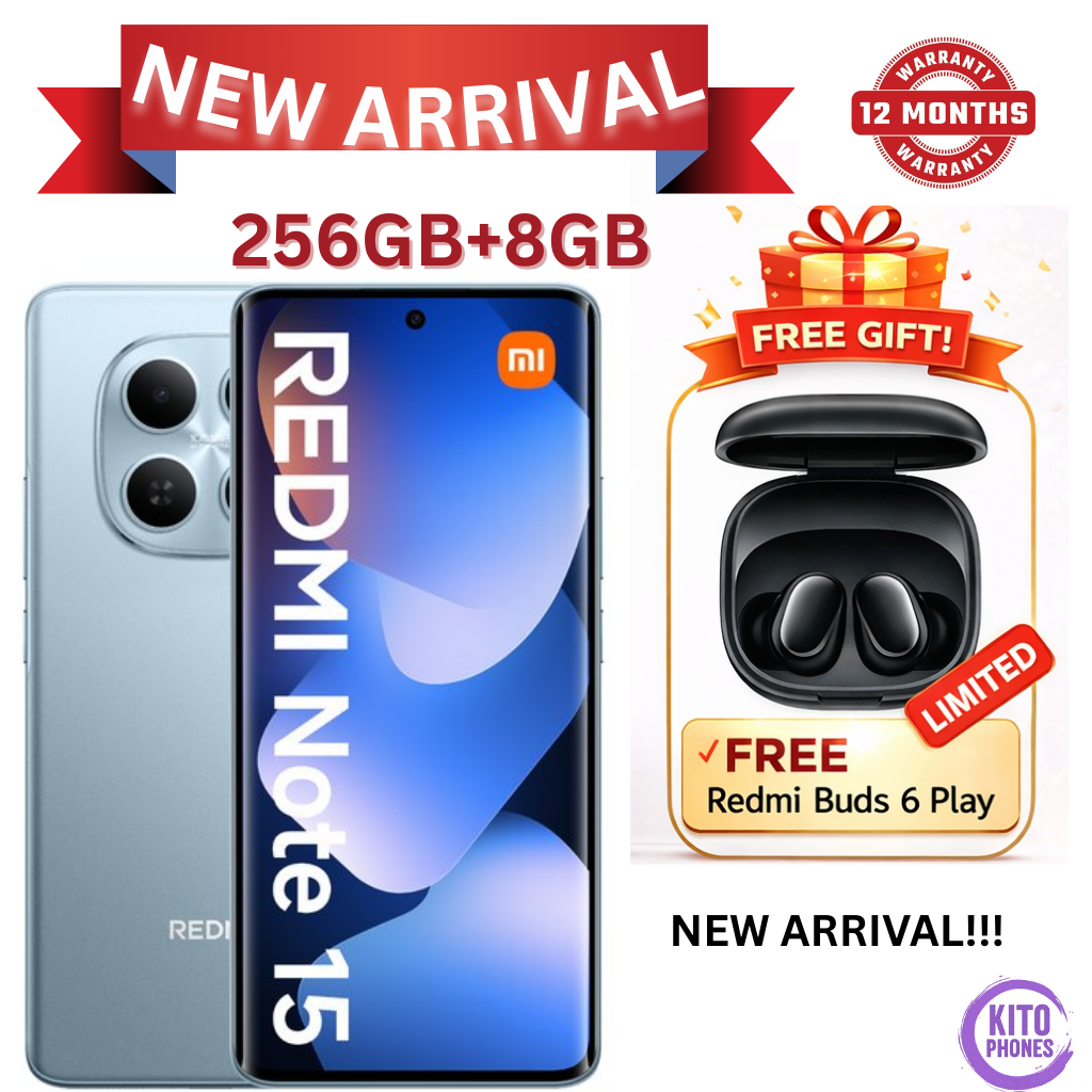 NEW ARRIVALS!! XIAOMI Redmi Note 15 256GB ROM +8GB RAM 6.77" 120Hz AMOLED Curved Display 108 MP CAMERA 20MP Selfie 6000mAh Battery 33W FAST CHARGING  ANDROID SMARTPHONE +FREE GIFTS REDMI BUDS 6 PLAY