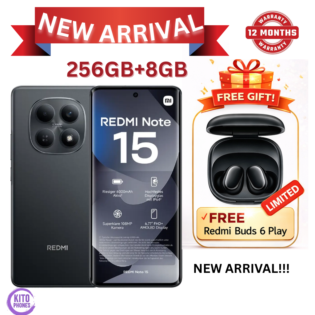 NEW ARRIVALS!! XIAOMI Redmi Note 15 256GB ROM +8GB RAM 6.77" 120Hz AMOLED Curved Display 108 MP CAMERA 20MP Selfie 6000mAh Battery 33W FAST CHARGING  ANDROID SMARTPHONE +FREE GIFTS REDMI BUDS 6 PLAY