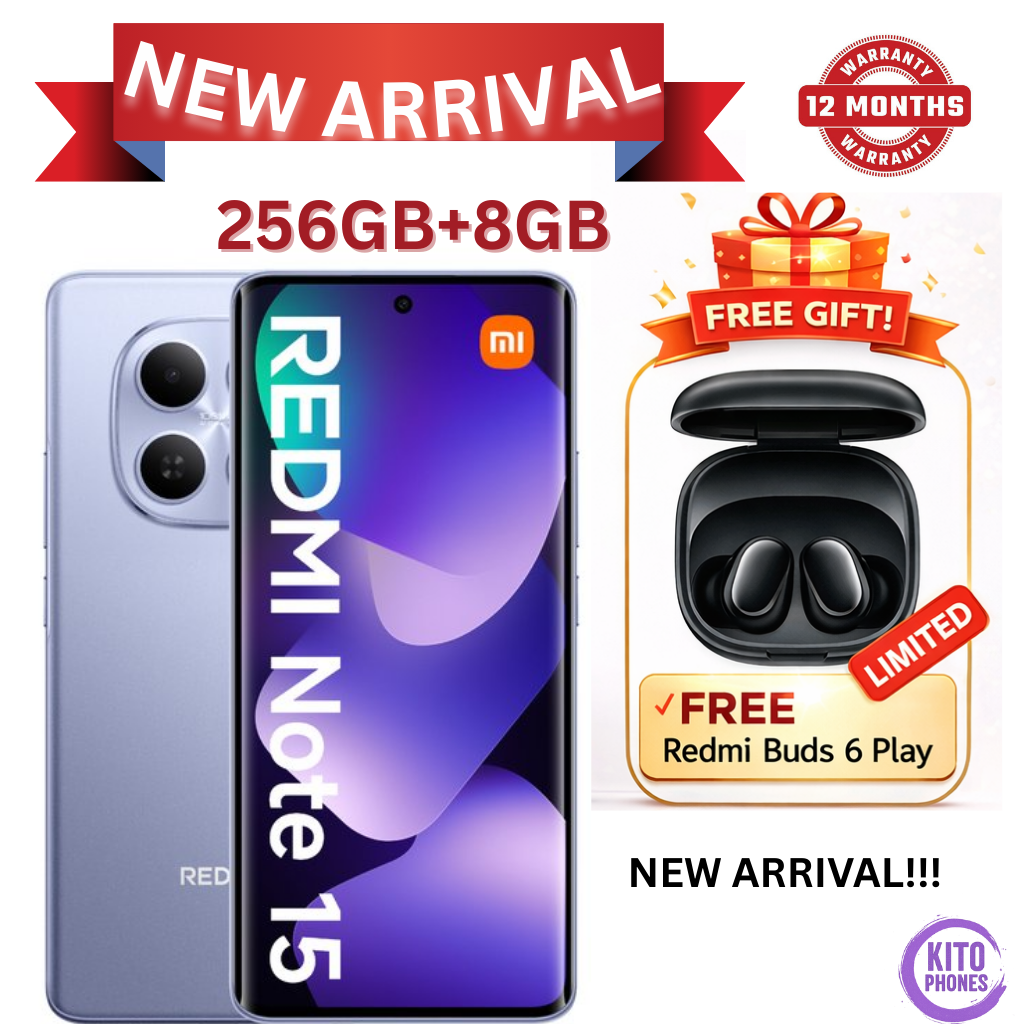 NEW ARRIVALS!! XIAOMI Redmi Note 15 256GB ROM +8GB RAM 6.77" 120Hz AMOLED Curved Display 108 MP CAMERA 20MP Selfie 6000mAh Battery 33W FAST CHARGING  ANDROID SMARTPHONE +FREE GIFTS REDMI BUDS 6 PLAY