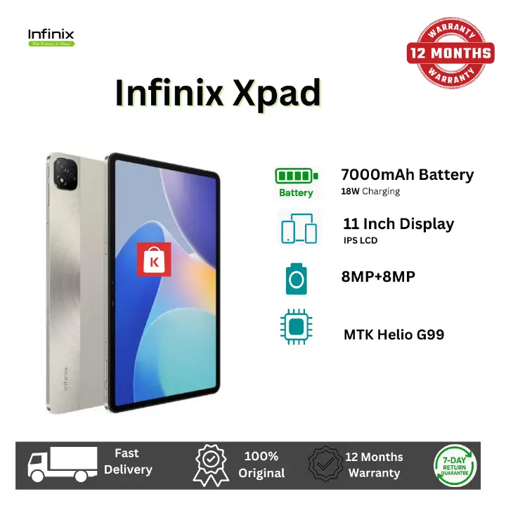 [New Arrival!!!!] Infinix Xpad 256GB+4GB (WI-FI) 11.0" 90Hz Display Mediatek Helio G99 8MP+8MP Camera 7000mAh Battery 18W Wired 50% in 40 min Glass Front Aluminium Frame Tablet Tab Pad