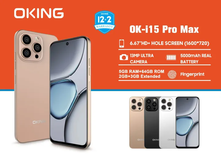 [NEW ARRIVALS!]OKING OK-i15 PRO MAX 64GB ROM+ 5GB (2+3GB )EXTENDED RAM 13MP+8MP ULTRA CAMERA, 5000MAH REAL BATTERY 6.67" HD+ INCELL PUNCH HOLE SCREEN, ANDROID PHONE SMARTPHONES