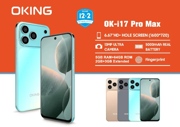 [NEW ARRIVALS!]OKING OK-i17 PRO MAX 64GB ROM+ 5GB (2+3GB )EXTENDED RAM 13MP+8MP ULTRA CAMERA, 5000MAH REAL BATTERY 6.67" HD+ INCELL PUNCH HOLE SCREEN, ANDROID PHONE SMARTPHONES