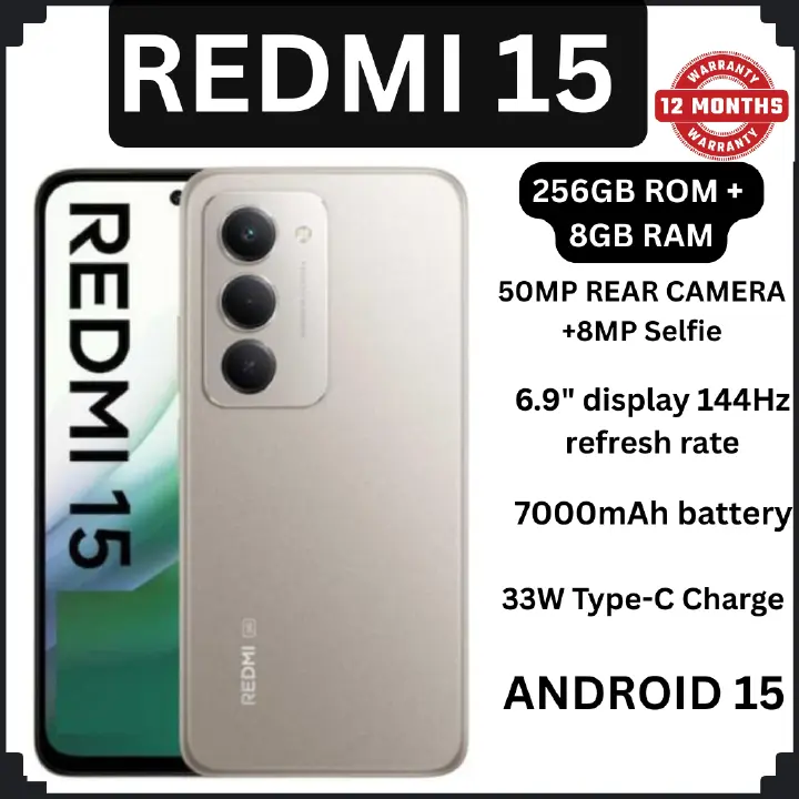 [NEW ARRIVAL] XIAOMI Redmi 15 4G 6.9" 256GB ROM +8GB RAM 7000mAh 33W charger ip64 50MP +8 MP Octa-coreSnapdragon 685 (6 nm)IPS LCD, 144Hz Android 15 Fingerprint phone smartphone +FREE GIFTS