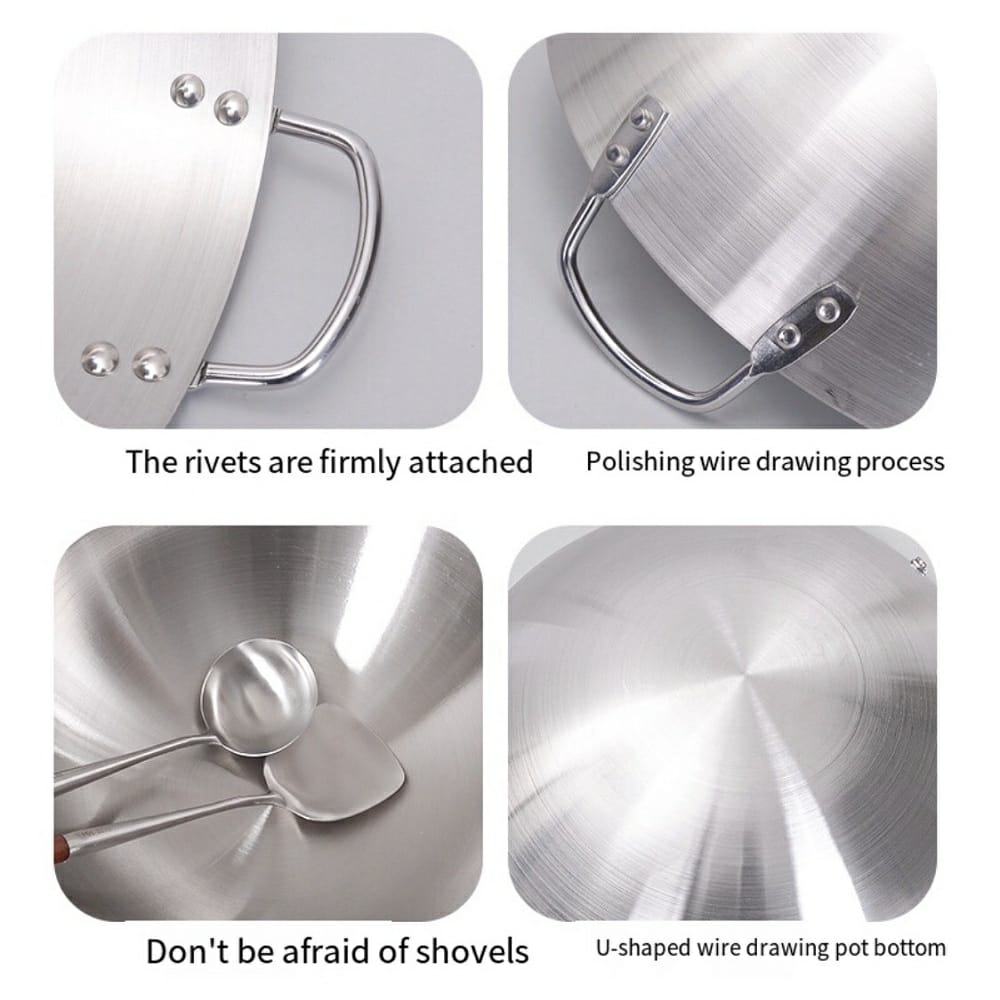 Thickened heavy gauge aluMade from stainless steel, cast in one piece with 2mm thick sides. Extremely durable and with high thermal efficiency.minum two  sided-handle wok frying pan