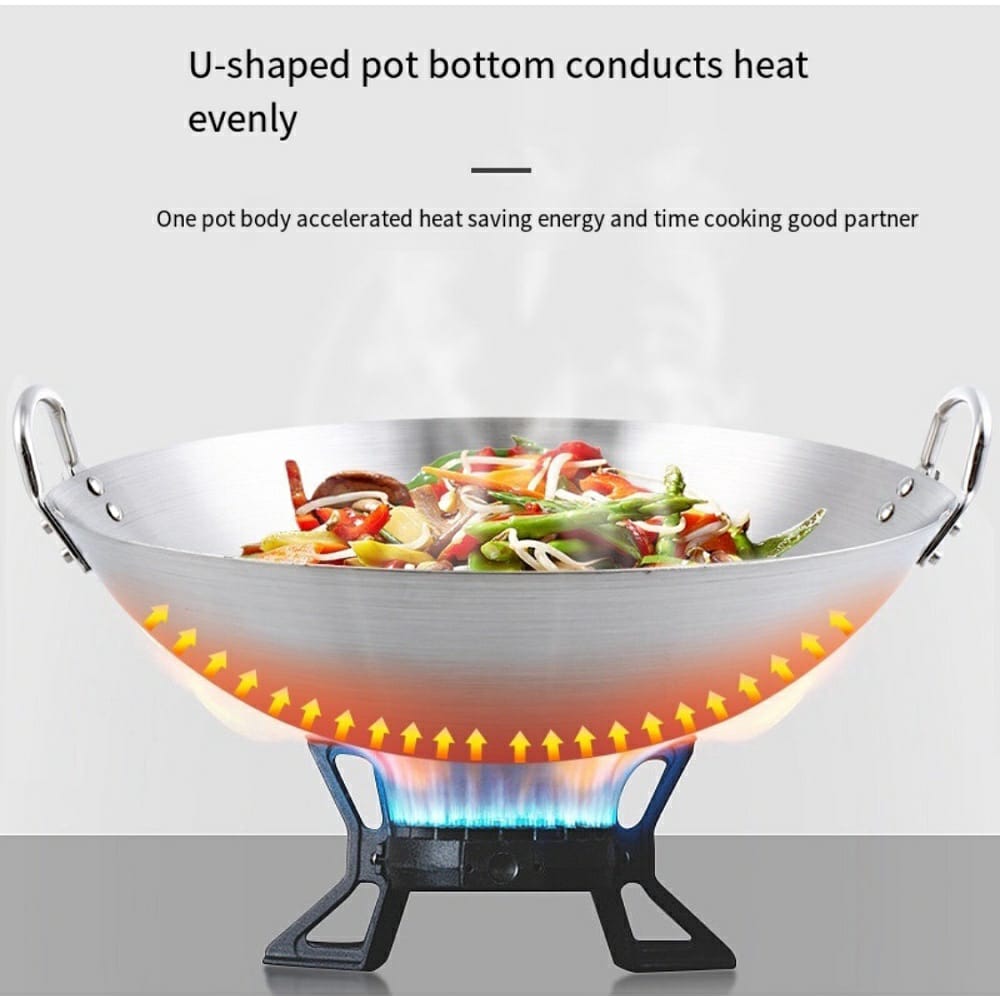 Thickened heavy gauge aluMade from stainless steel, cast in one piece with 2mm thick sides. Extremely durable and with high thermal efficiency.minum two  sided-handle wok frying pan