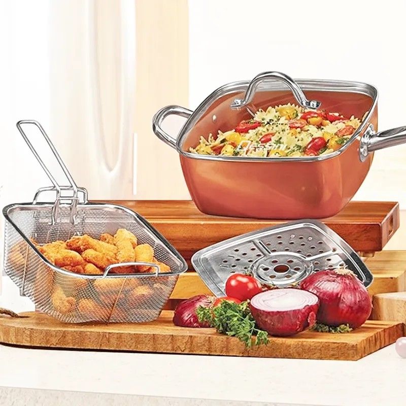 MULTI-PURPOSE NON STICIncludes -11" Deep Square Casserole Pan 9.5" Deep Square Pan 11" Casserole Fry Pan Induction Cooktop 11" Tempered Glass Lid 9.5" Tempered Glass K COPPER SQUARE CASSEROLE 4PCS PAN