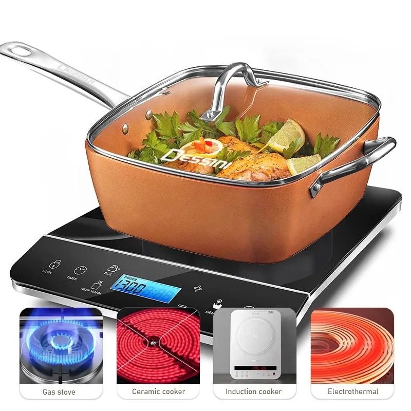 MULTI-PURPOSE NON STICIncludes -11" Deep Square Casserole Pan 9.5" Deep Square Pan 11" Casserole Fry Pan Induction Cooktop 11" Tempered Glass Lid 9.5" Tempered Glass K COPPER SQUARE CASSEROLE 4PCS PAN