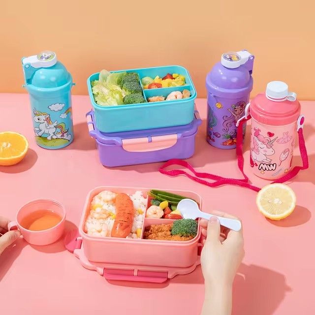 Unicorn Lunch Box Water Cup Set, 3 Compartments Cartoon Mermaid Salad Box, Lunch Box for School kids, school snack box Kids lunch box                                                                  .