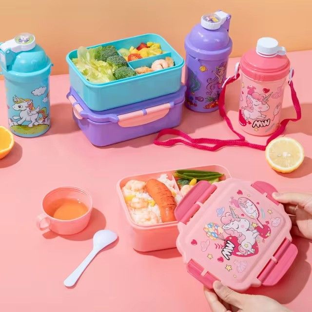 Unicorn Lunch Box Water Cup Set, 3 Compartments Cartoon Mermaid Salad Box, Lunch Box for School kids, school snack box Kids lunch box                                                                  .