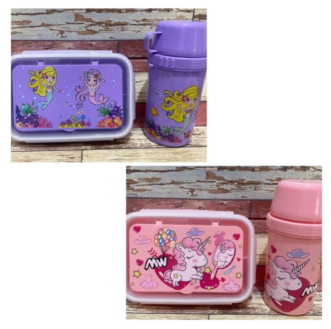 Unicorn Lunch Box Water Cup Set, 3 Compartments Cartoon Mermaid Salad Box, Lunch Box for School kids, school snack box Kids lunch box                                                                  .