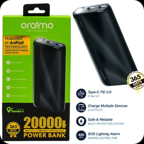 Offer! Oraimo Traveler 12 20000mAh 12W Smart Fast Charging LED Torch Type-C (IN/OUT) Power Bank