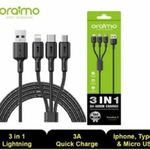 Oraimo Duraline 3 OCD-X93 1.2M Cable 3A Fast Charging with wide compatibility for iPhones, Micro-USB & Type C which can be used for data transfer with a high speed of 480 mbps.