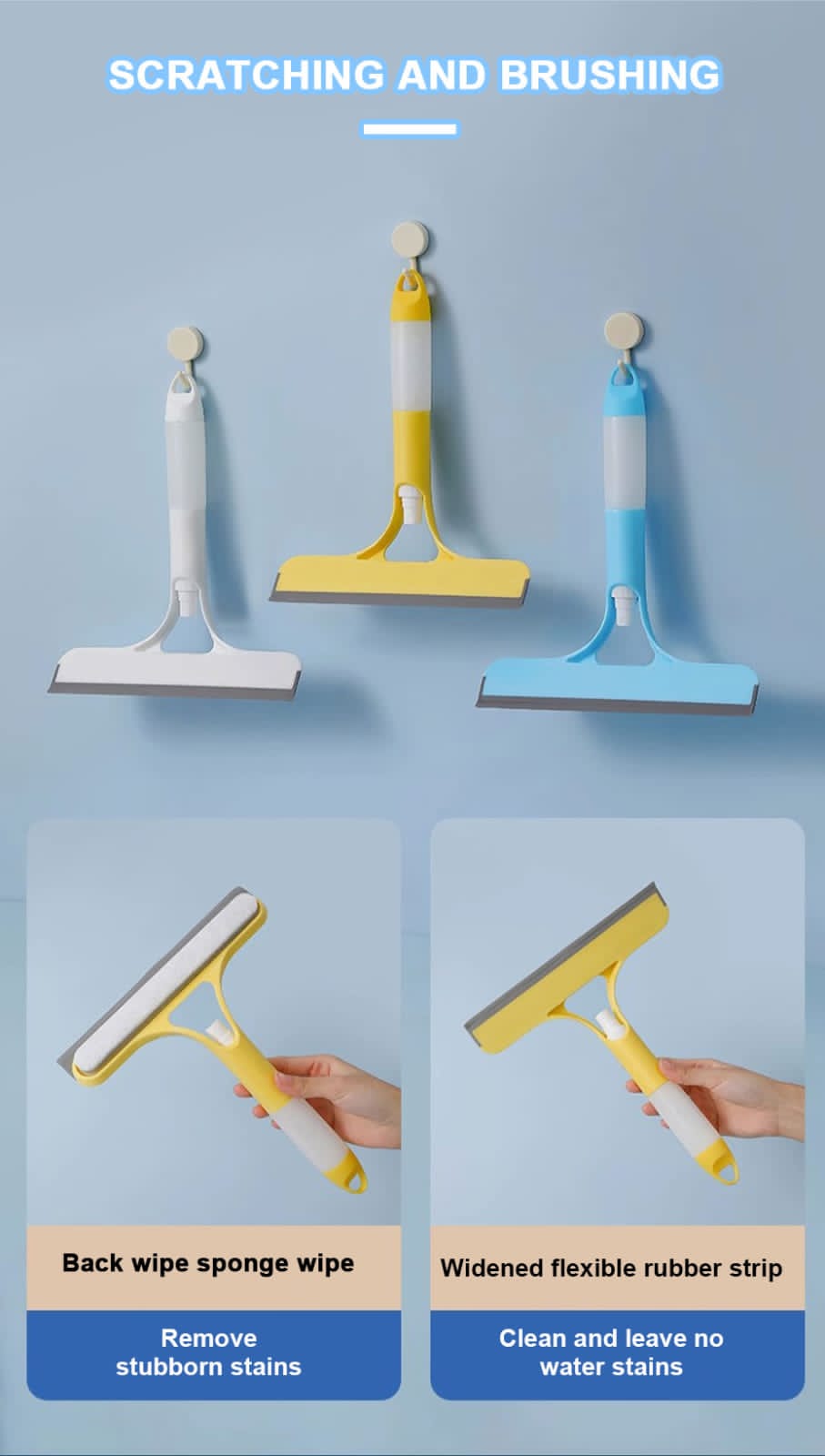 3-1 Double Sided Shower Squeegee with Water Sprayer....Window and Glass Cleaner...has a built-in spray bottle...double sided design;soft bristles edge scrapper
