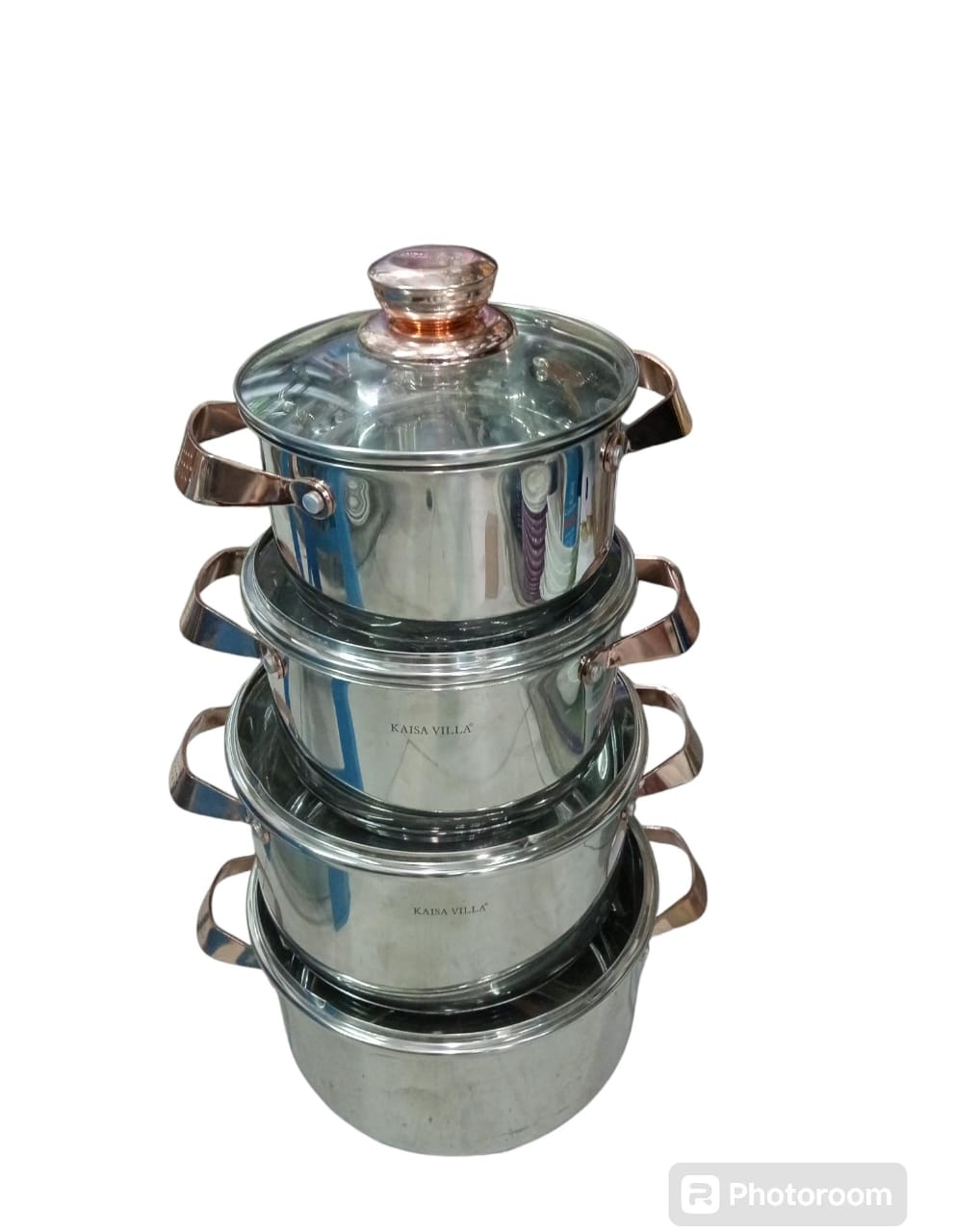 Set of 8pcs Heavy Stainless Steel Kitchen Cooking and Serving Pots with Gold Handles and Glass Lids... they are of high quality