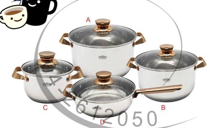 8Pcs Heavy Stainless Steel Kitchen Cookwares Set with Round Shape and Silver and Gold and Glass Lids small pot 18cmx10.5cm,Pan 24cmx7cm,medium size pot 24cmx13.5cm,and big size pot 26cmx14.5cm