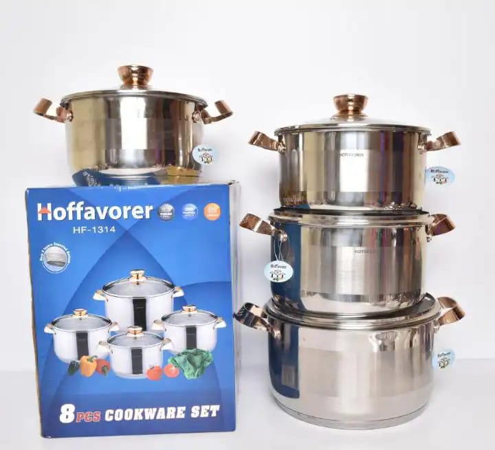 8Pcs Heavy Stainless Steel Kitchen Cookwares Set with Round Shape and Silver and Gold and Glass Lids small pot 18cmx10.5cm,Pan 24cmx7cm,medium size pot 24cmx13.5cm,and big size pot 26cmx14.5cm