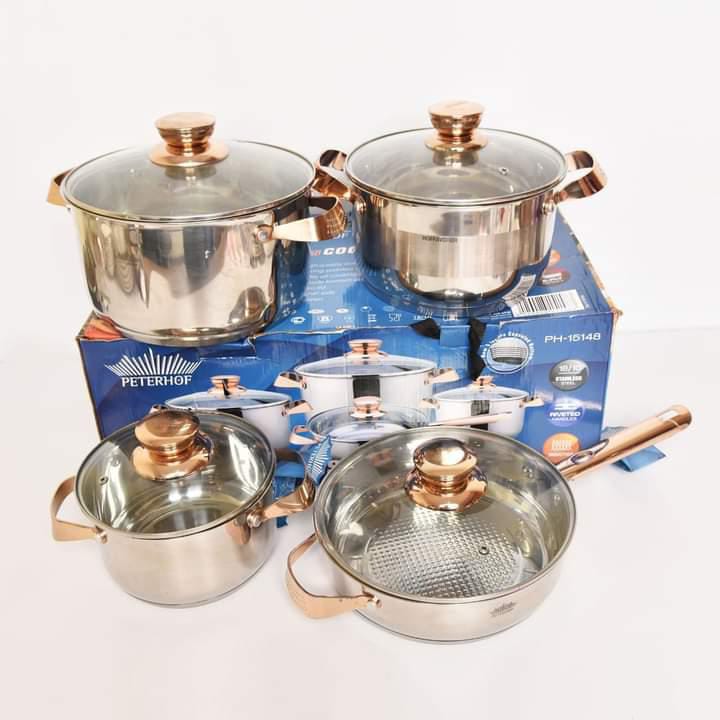 8Pcs Heavy Stainless Steel Kitchen Cookwares Set with Round Shape and Silver and Gold and Glass Lids small pot 18cmx10.5cm,Pan 24cmx7cm,medium size pot 24cmx13.5cm,and big size pot 26cmx14.5cm