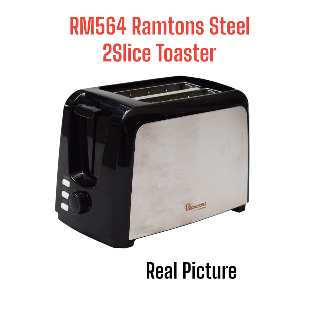 Ramtons stainless steel kitchen 2slices toaster with [1 year warranty]...it has plastic body,with cancel/defrost /reheat setting,adjustable browning control-7 settings,removeable crub tray for easy,.
