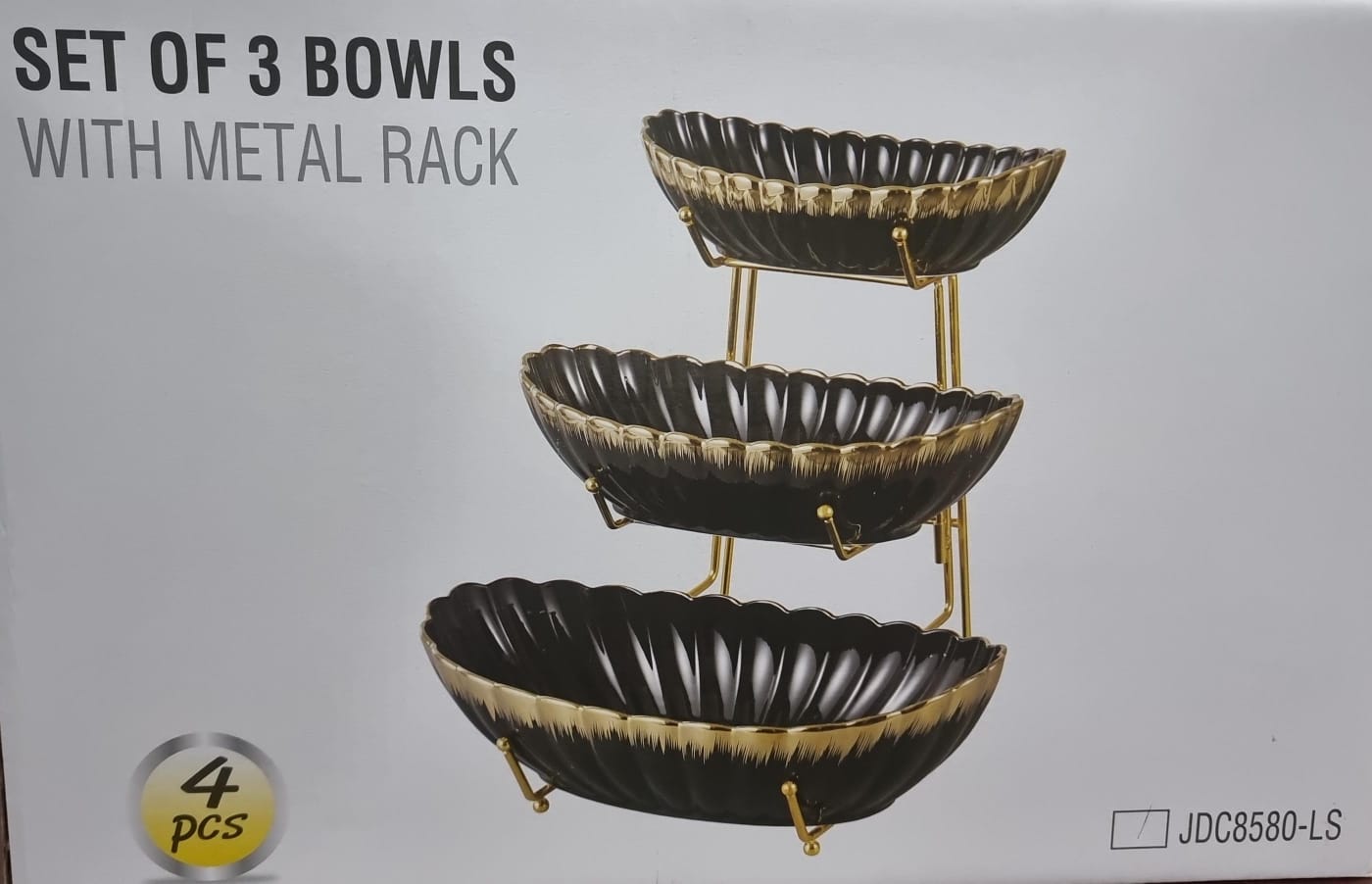 3 layers ceramic kitchen fruits bowls on gold metal rack ...bowl sizes...bottom 35cmx19cmx10cm,mid 29cmx15cmx7cm,..top 25cmx13cmx6cm