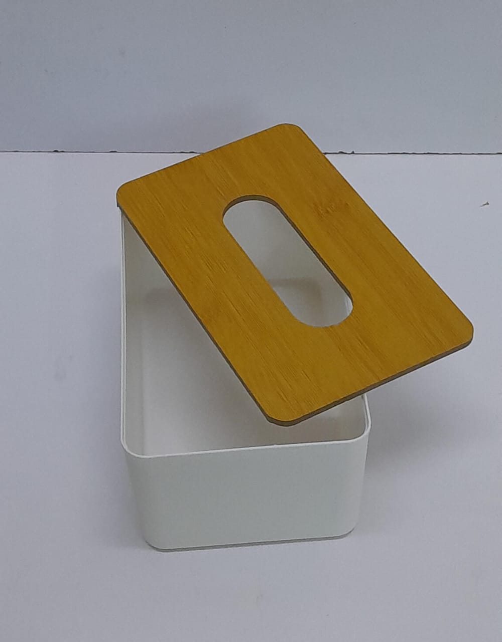 Heavy plastic kitchen serviette holder with bamboo cover