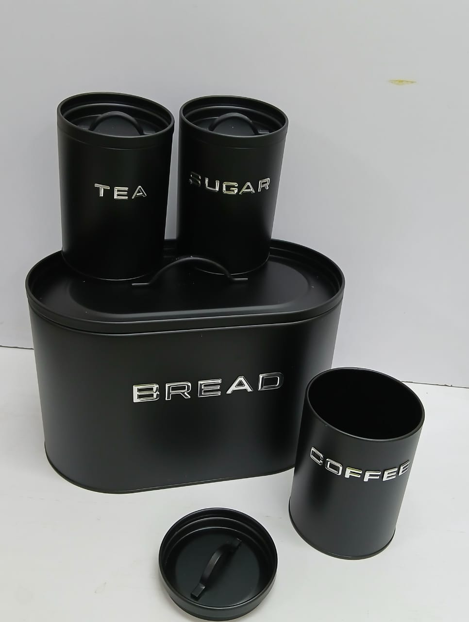 Unique and Elegant kitchen bread storage bin with 3pcs canisters for Sugar,Coffee and Tea