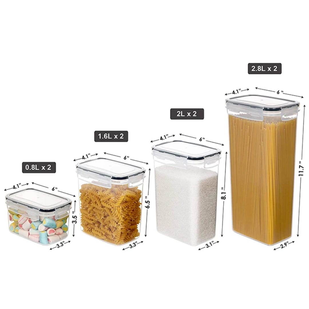 Set of 8pcs plastic kitchen storage containers with the capacity of 2pcs-0.8 litres/2pcs-1.6 litres/2pcs 2 /2pcs .8 litres At litres
