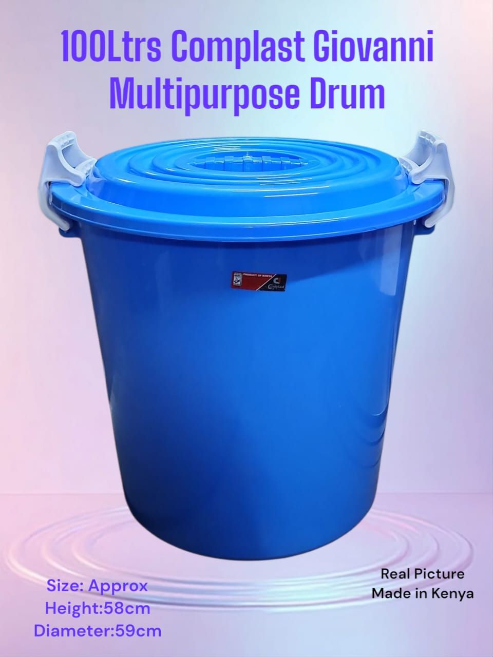 100 litres Complast Giovanni multipurpose Drum/storage Drum....size Approximately 100 litres,Made of heavy durable plastic,...includes a lid for covering contents and handles for easy lifting,...Suita
