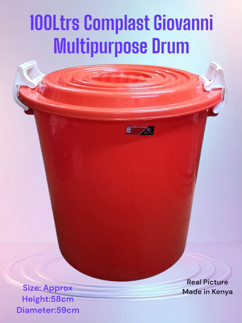 100 litres Complast Giovanni multipurpose Drum/storage Drum....size Approximately 100 litres,Made of heavy durable plastic,...includes a lid for covering contents and handles for easy lifting,...Suita