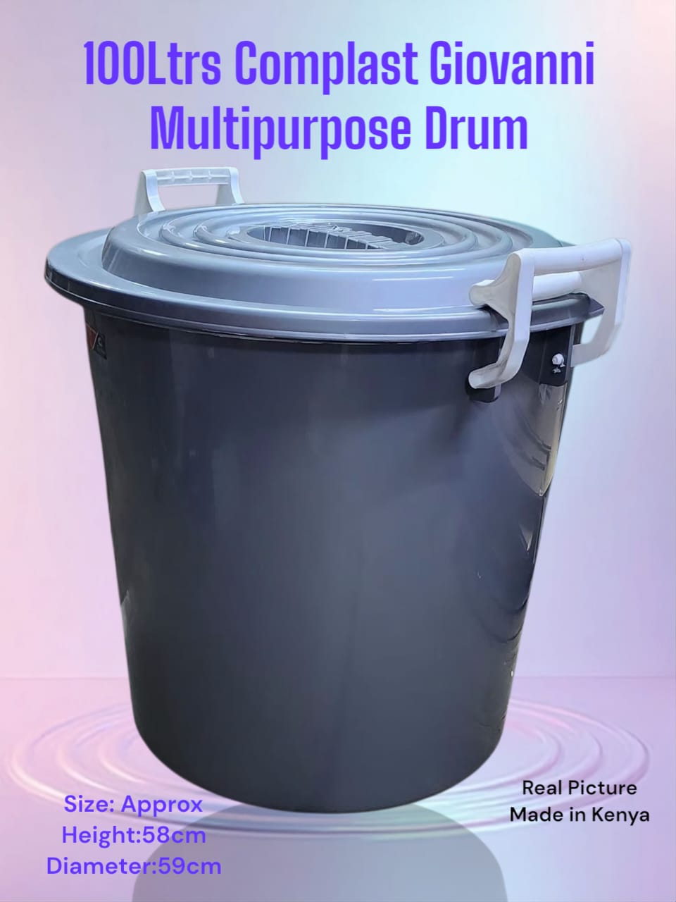 100 litres Complast Giovanni multipurpose Drum/storage Drum....size Approximately 100 litres,Made of heavy durable plastic,...includes a lid for covering contents and handles for easy lifting,...Suita
