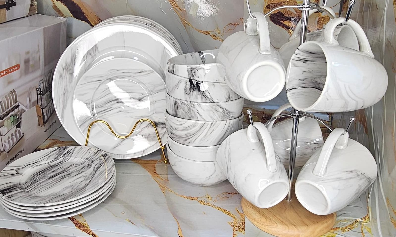 24 pcs black marble classy kitchen dinner set .