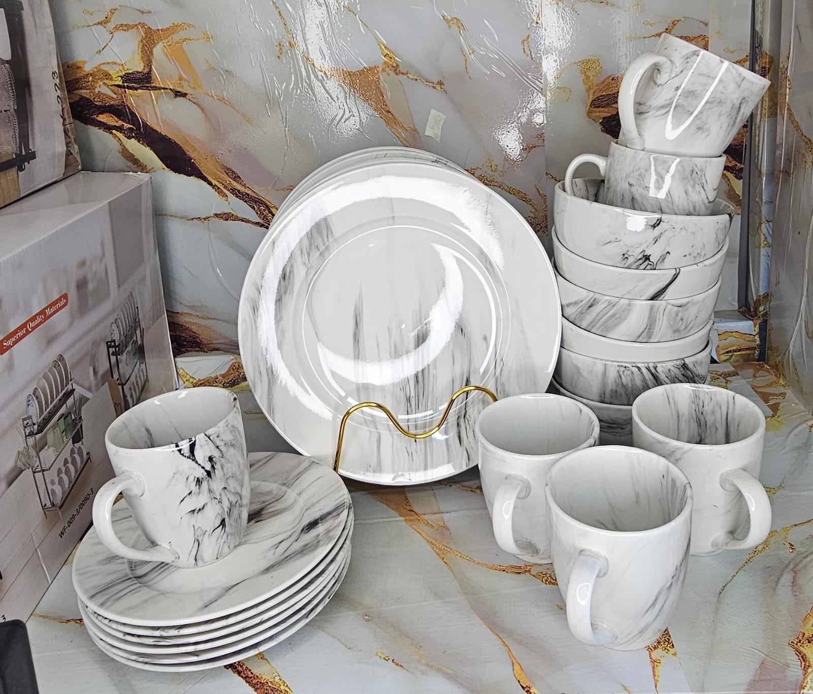 24 pcs black marble classy kitchen dinner set .