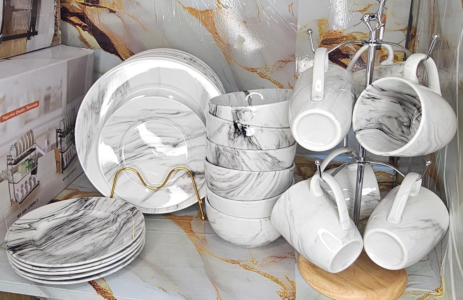 24 pcs black marble classy kitchen dinner set .