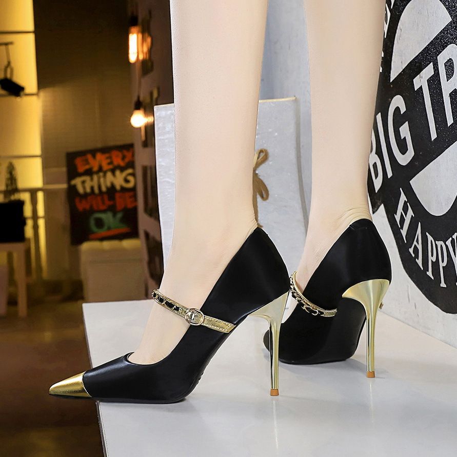 European and American high heels, women's shoes, thin heels, high heels, light cut color blocking, pointed metal