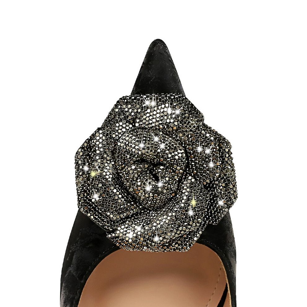 Chinese style women's shoes, banquet high heels, shallow cut pointed toe, side hollowed out rose water diamond