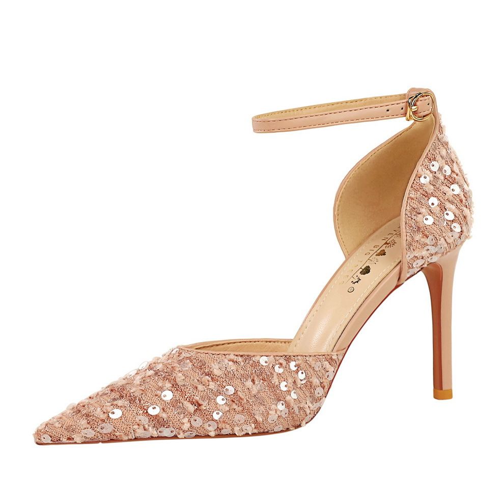 Korean version of fashionable sequin women's shoes, high heels, thin heels, shallow mouth, pointed pointed