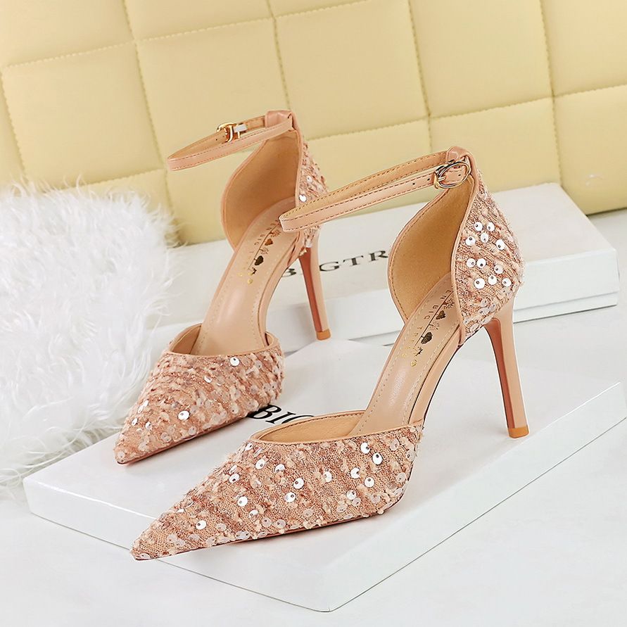 Korean version of fashionable sequin women's shoes, high heels, thin heels, shallow mouth, pointed pointed