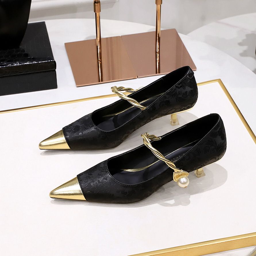 Chinese style closed pointed metal toe low stiletto heels shoes heeled sandals for women Mary Jane female shoes